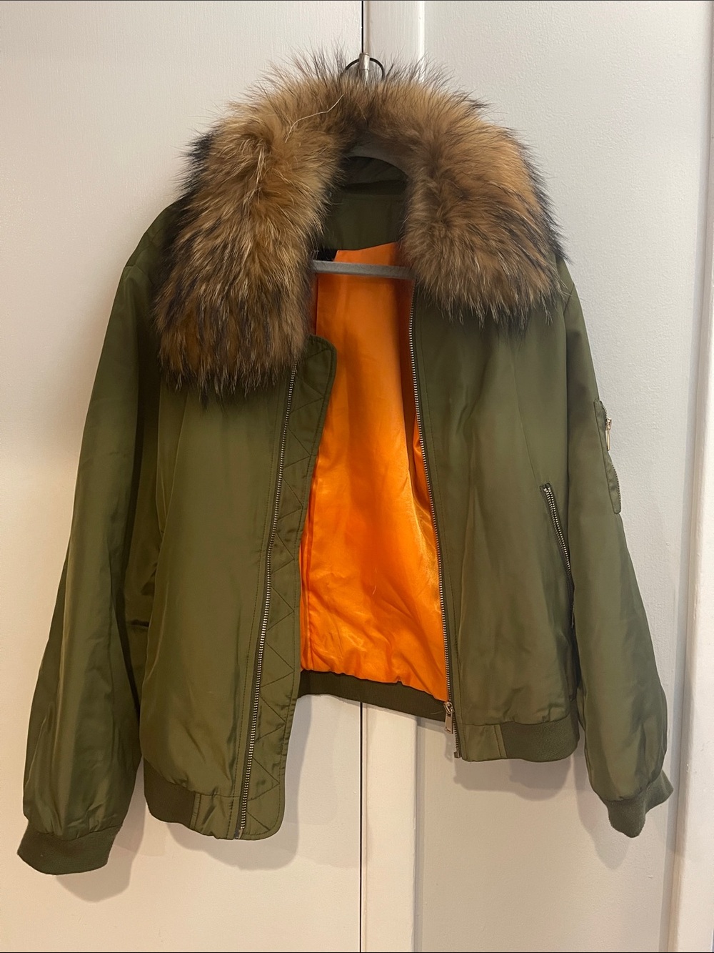 Love Token Olive Green Bomber Jacket with Fur Trim and Orange Lining